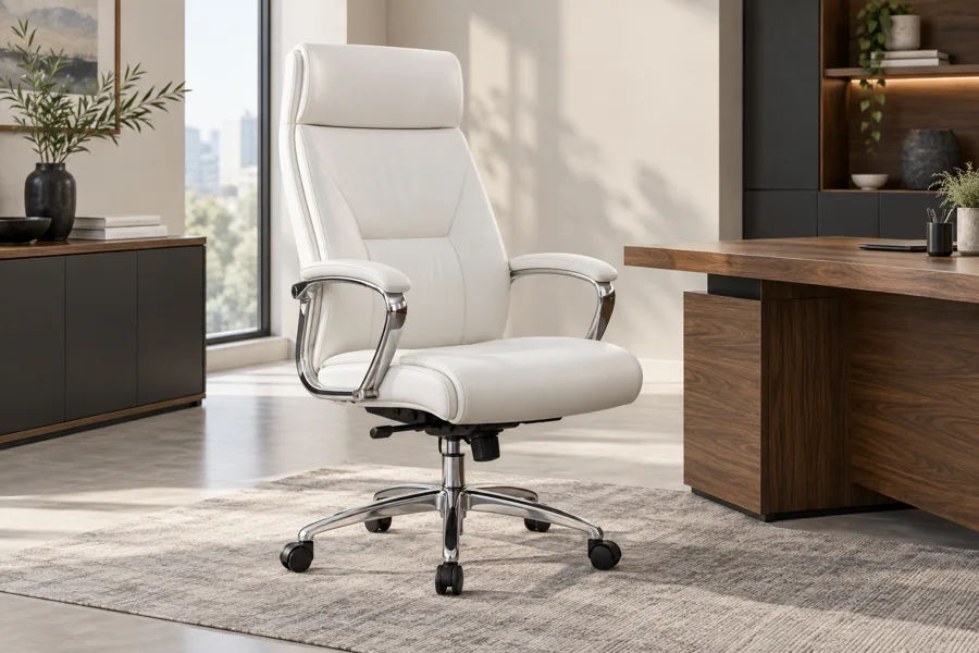 White leather executive chair with chrome base