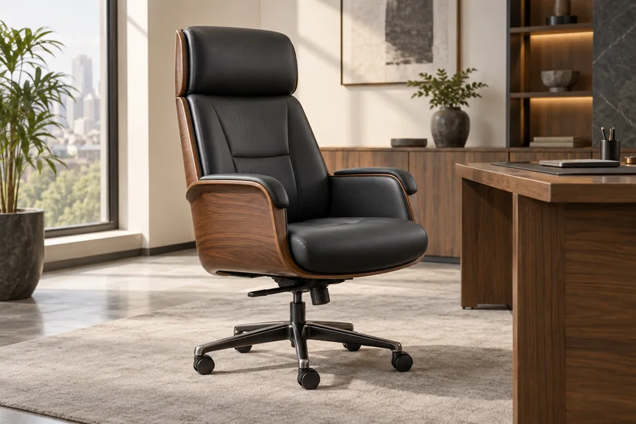 Walnut shell executive chair with black upholstery