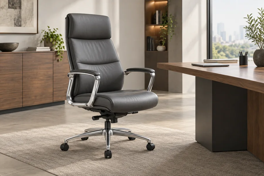 Dark grey executive chair with polished aluminium frame