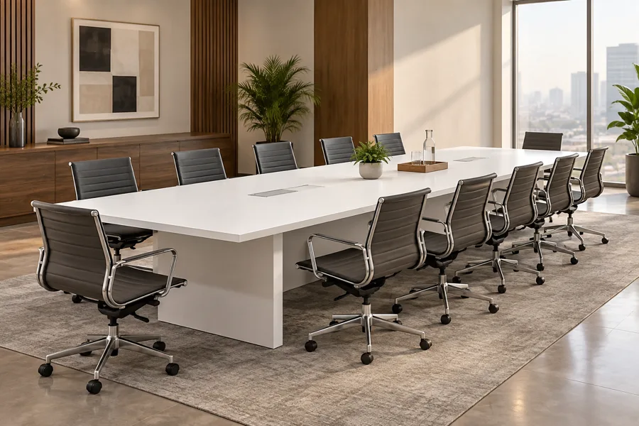 Twelve-seat long white conference table