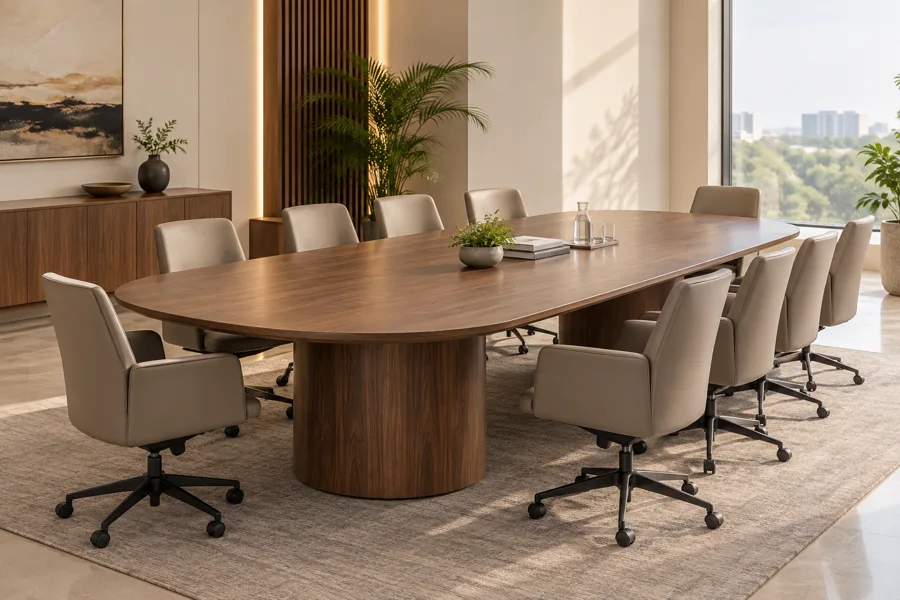Rounded walnut ten-seat meeting table