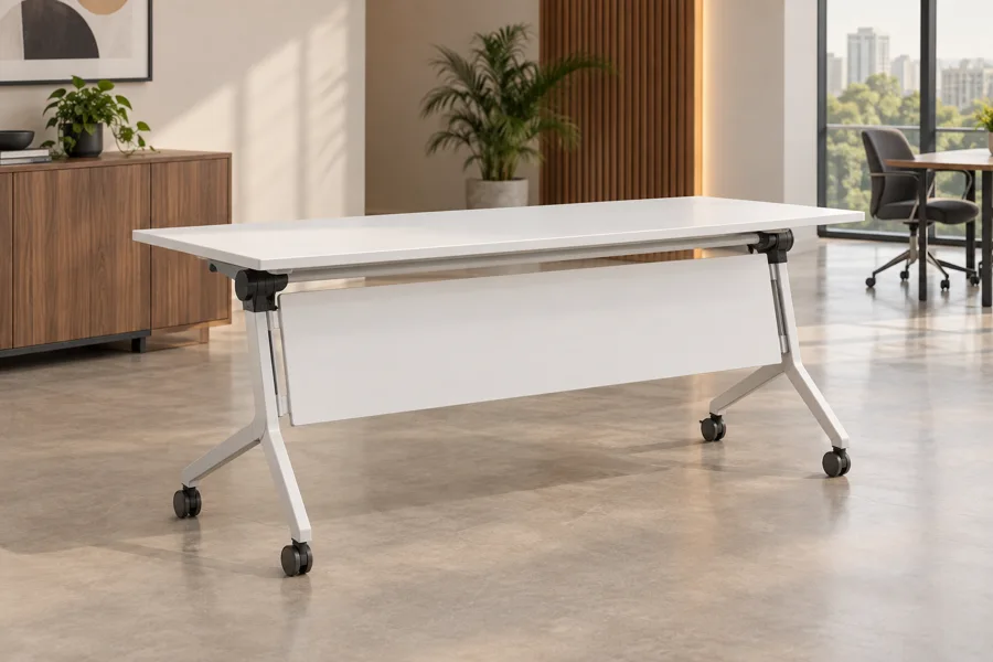 Wheeled flip-top white workshop table