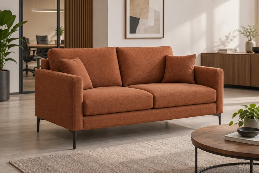 Rust fabric two-seat sofa with metal legs