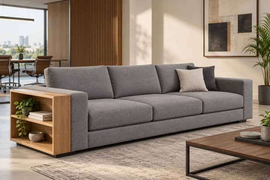 Wide grey sofa with oak side shelf