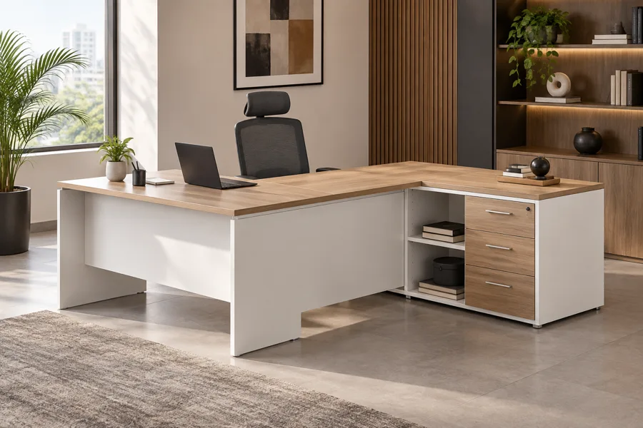 L-shaped white and oak corner desk