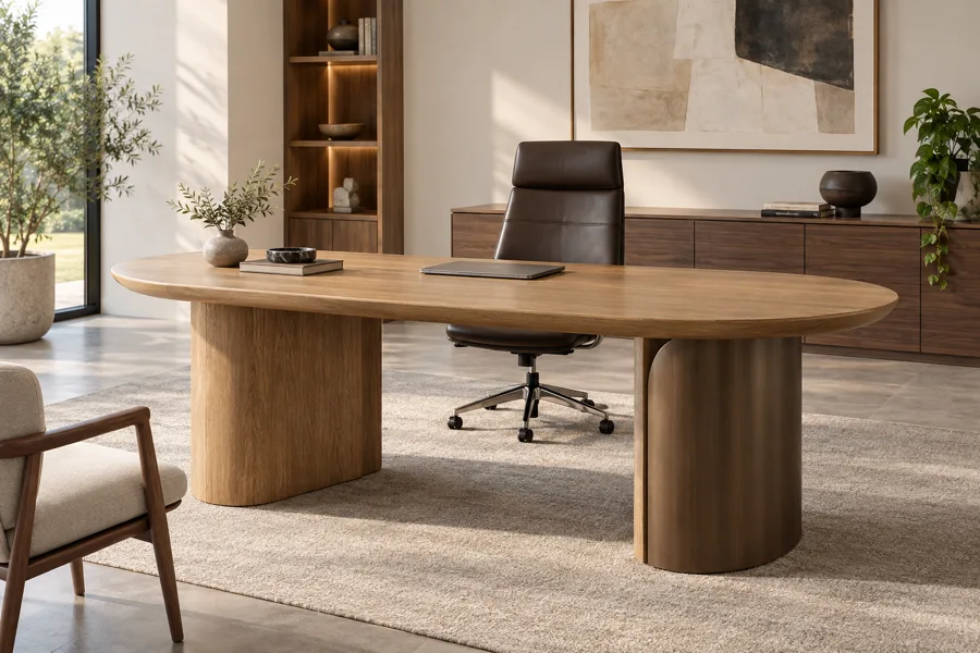 Oval-edged oak desk on sculptural supports