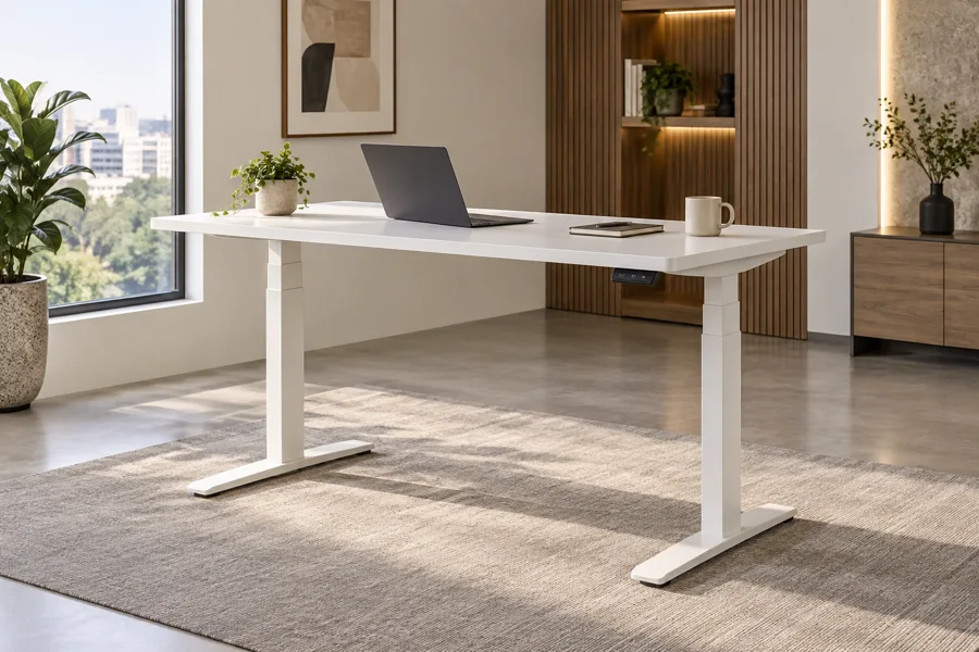 Height adjustable white standing desk