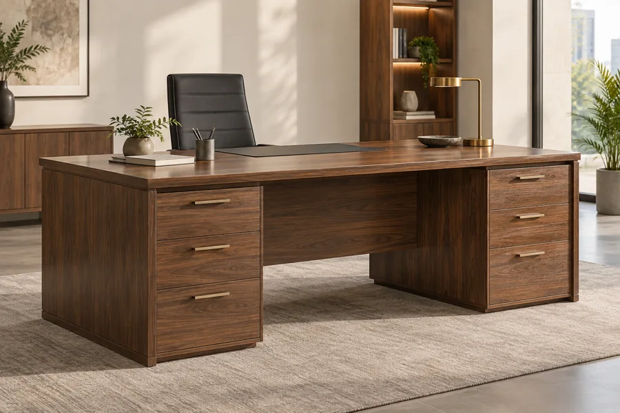 Double pedestal walnut office desk
