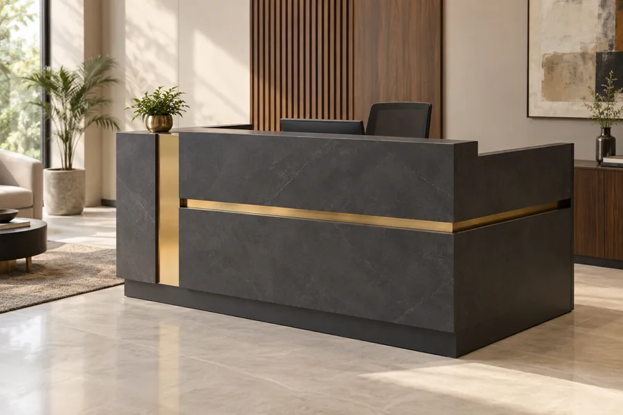 Charcoal reception counter with brass accent