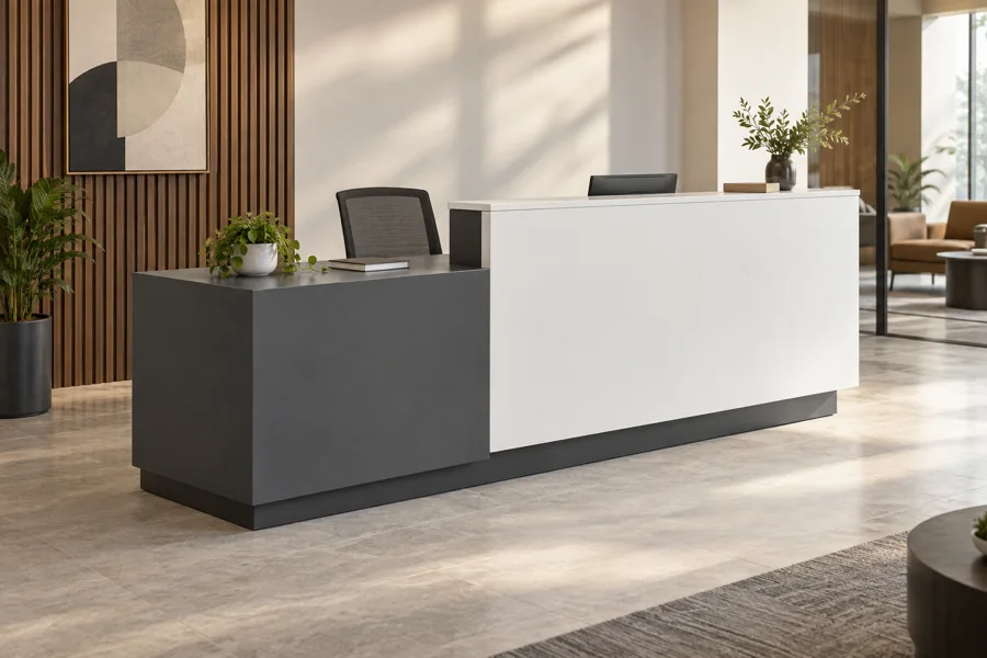 White and charcoal dual-height reception desk