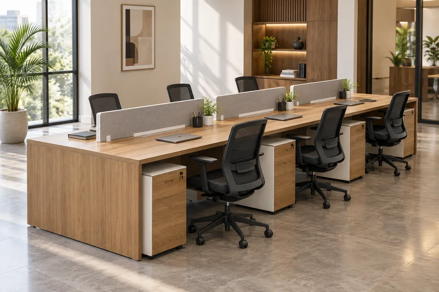 Eight-person oak open office workstation