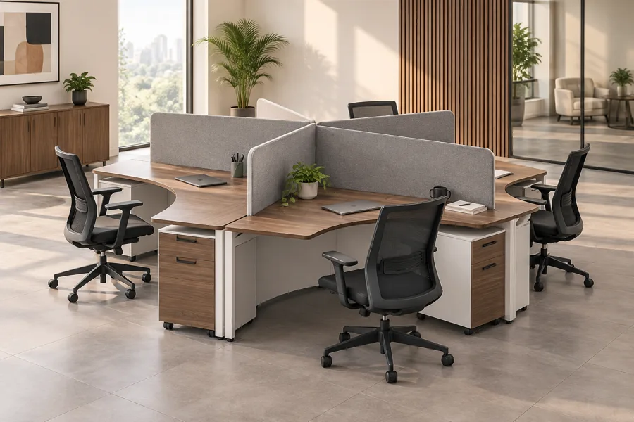 Four-person curved desk cluster with fabric partitions